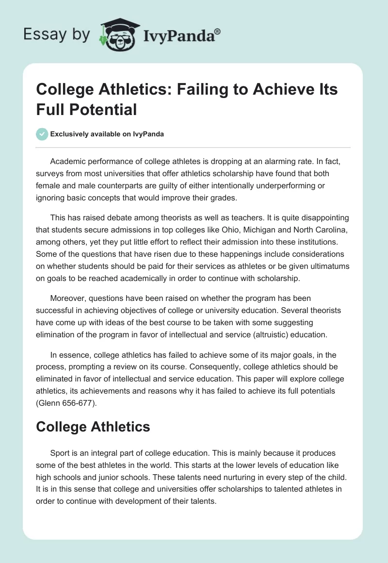 College Athletics: Failing to Achieve Its Full Potential. Page 1