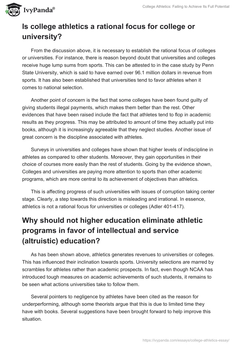 College Athletics: Failing to Achieve Its Full Potential. Page 4