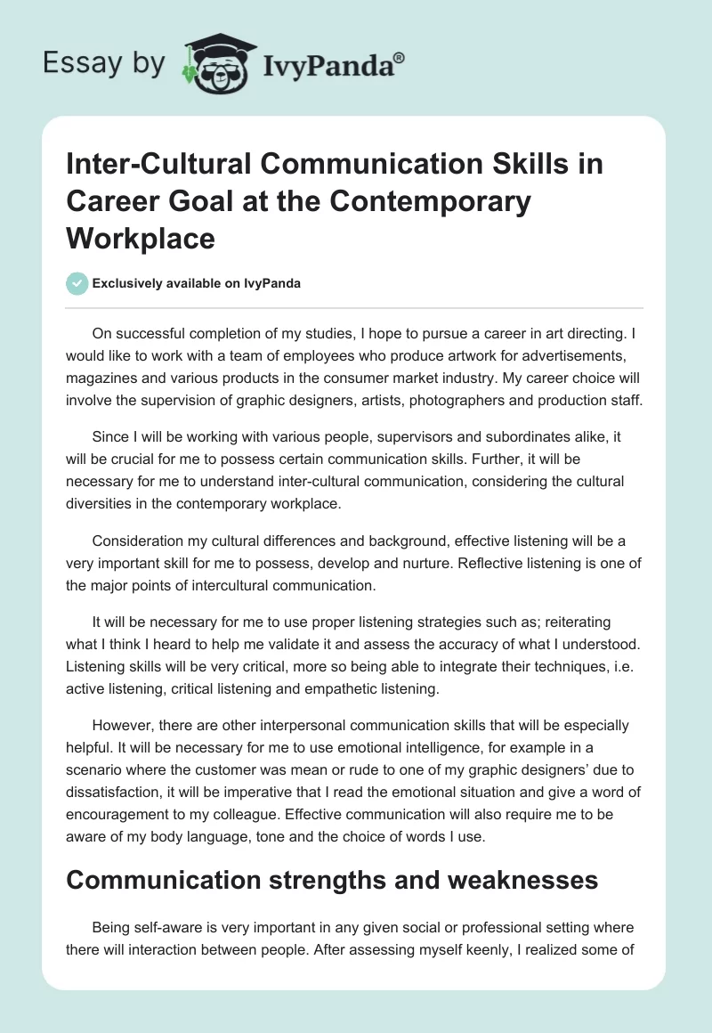 Inter-Cultural Communication Skills in Career Goal at the Contemporary Workplace. Page 1