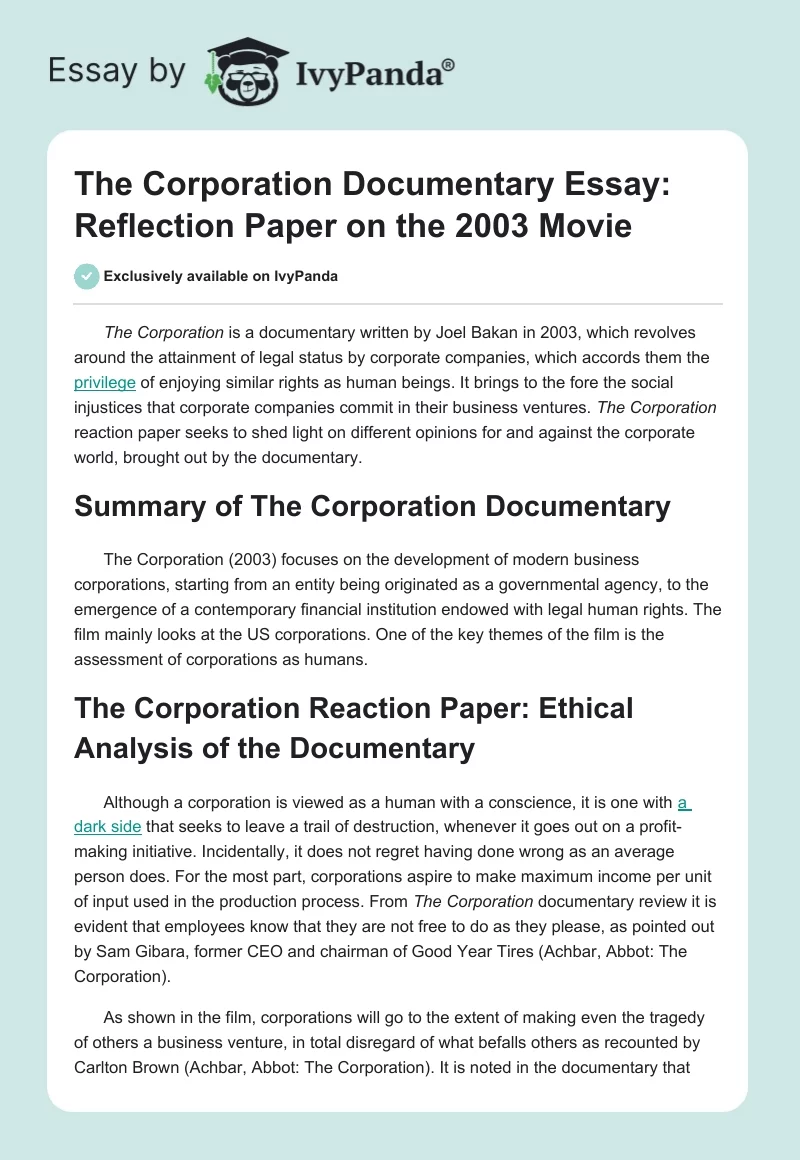 The Corporation Documentary Essay: Reflection Paper on the 2003 Movie. Page 1