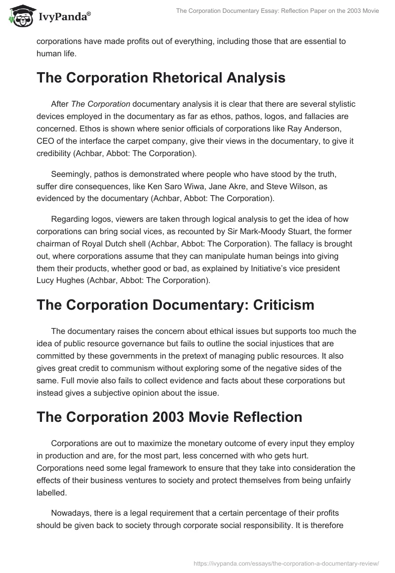 The Corporation Documentary Essay: Reflection Paper on the 2003 Movie. Page 2