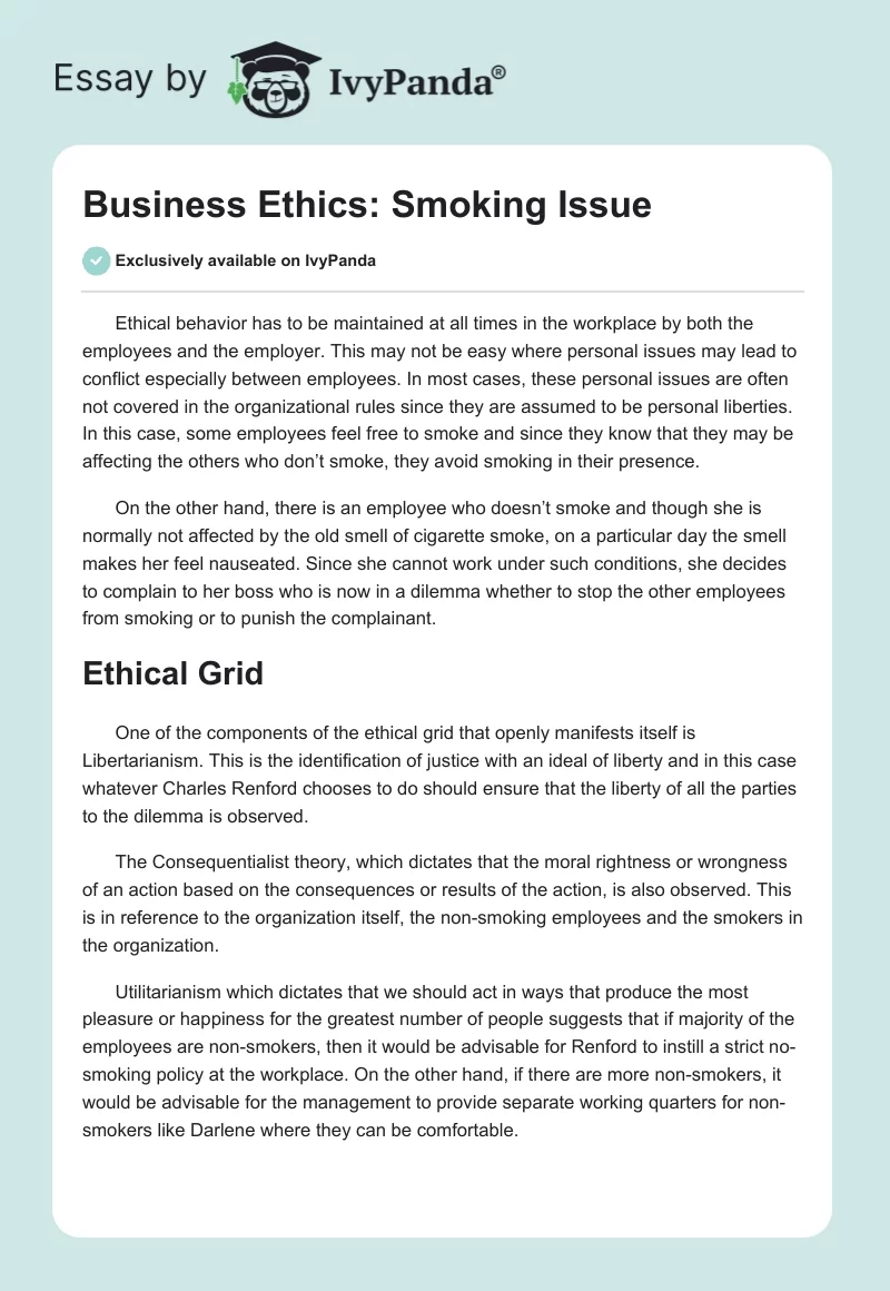 Business Ethics: Smoking Issue. Page 1