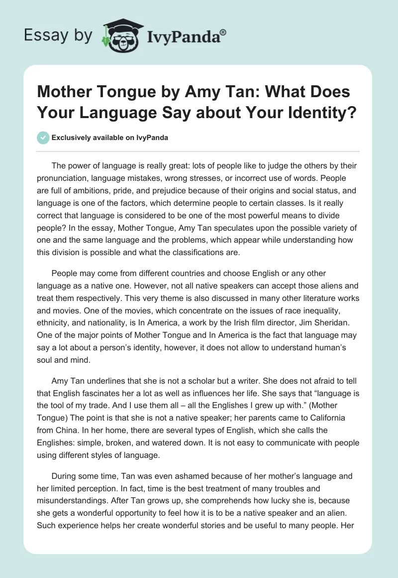 Mother Tongue by Amy Tan: What Does Your Language Say about Your Identity?. Page 1