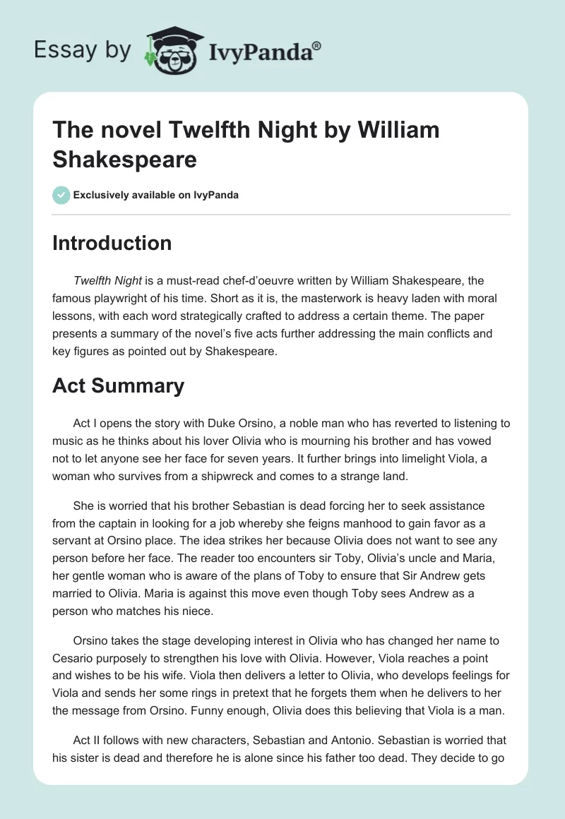 The novel "Twelfth Night" by William Shakespeare. Page 1