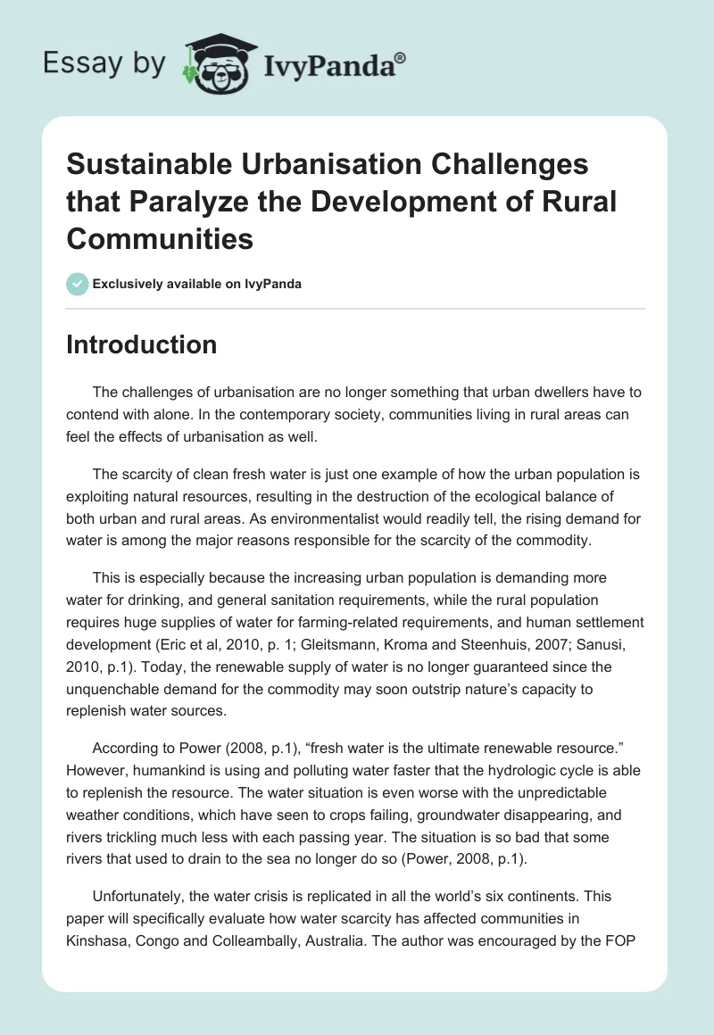 Sustainable Urbanisation Challenges that Paralyze the Development of Rural Communities. Page 1