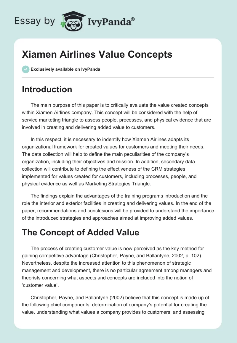 Xiamen Airlines Value Concepts. Page 1