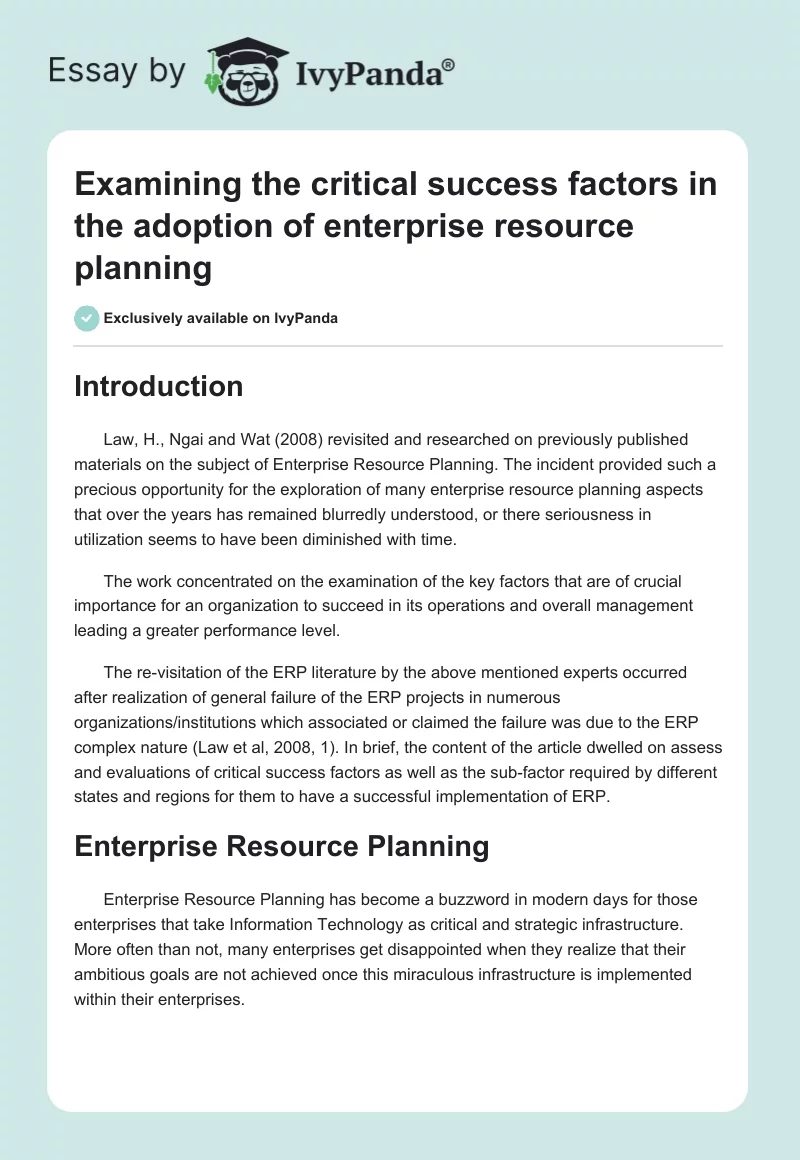 Examining the critical success factors in the adoption of enterprise resource planning. Page 1
