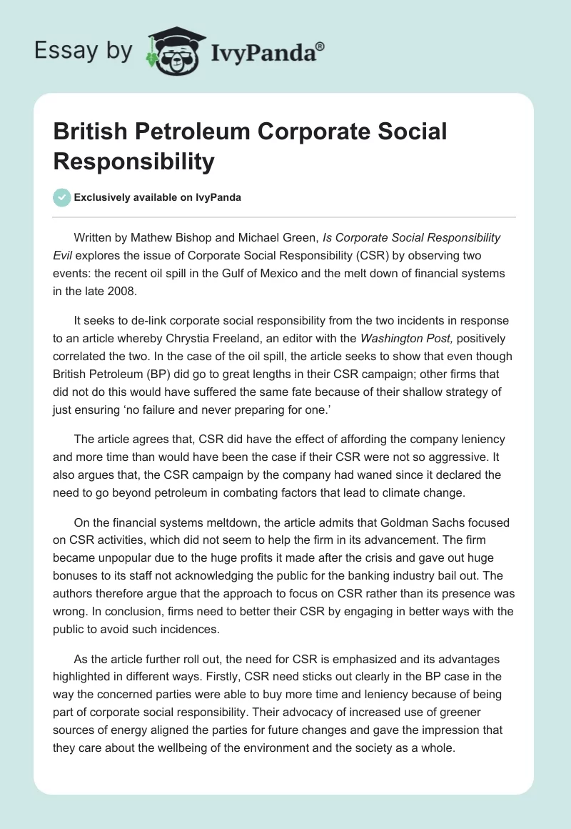 British Petroleum Corporate Social Responsibility. Page 1