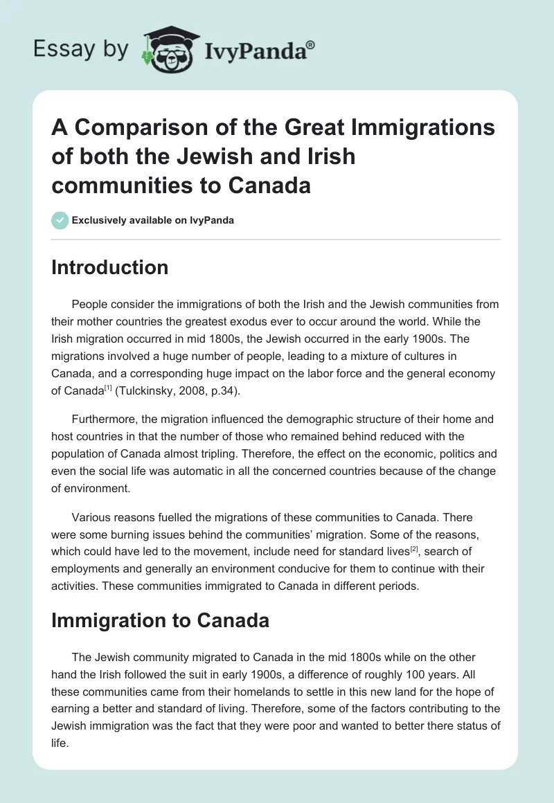 A Comparison of the Great Immigrations of both the Jewish and Irish communities to Canada. Page 1