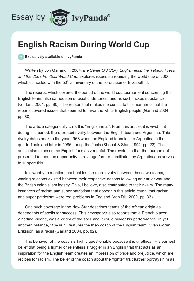 English Racism During World Cup. Page 1