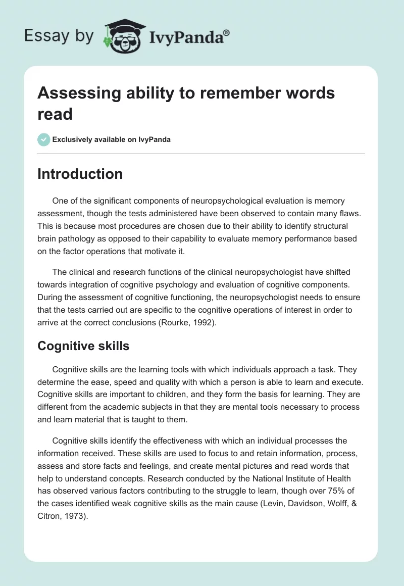 Assessing ability to remember words read. Page 1
