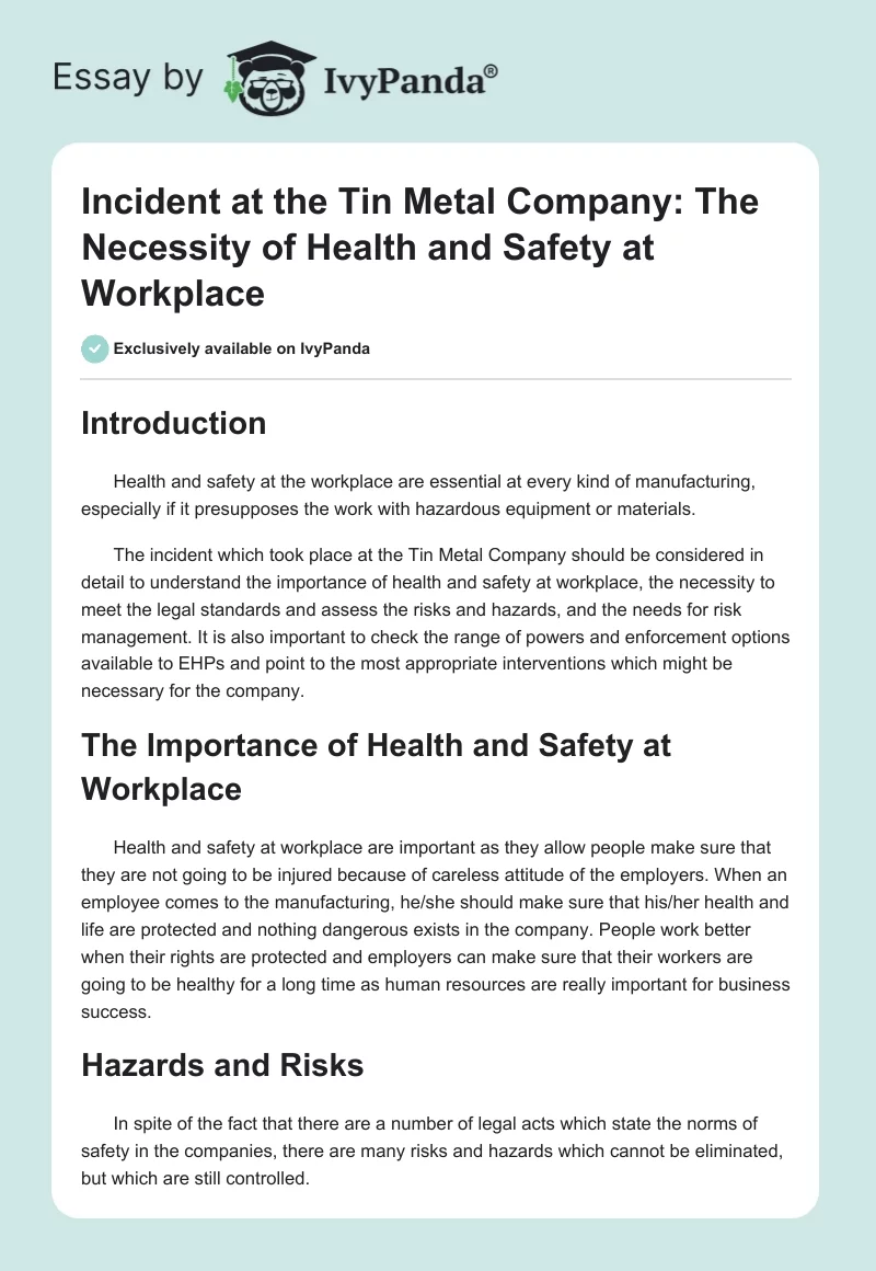 Incident at the Tin Metal Company: The Necessity of Health and Safety at Workplace. Page 1