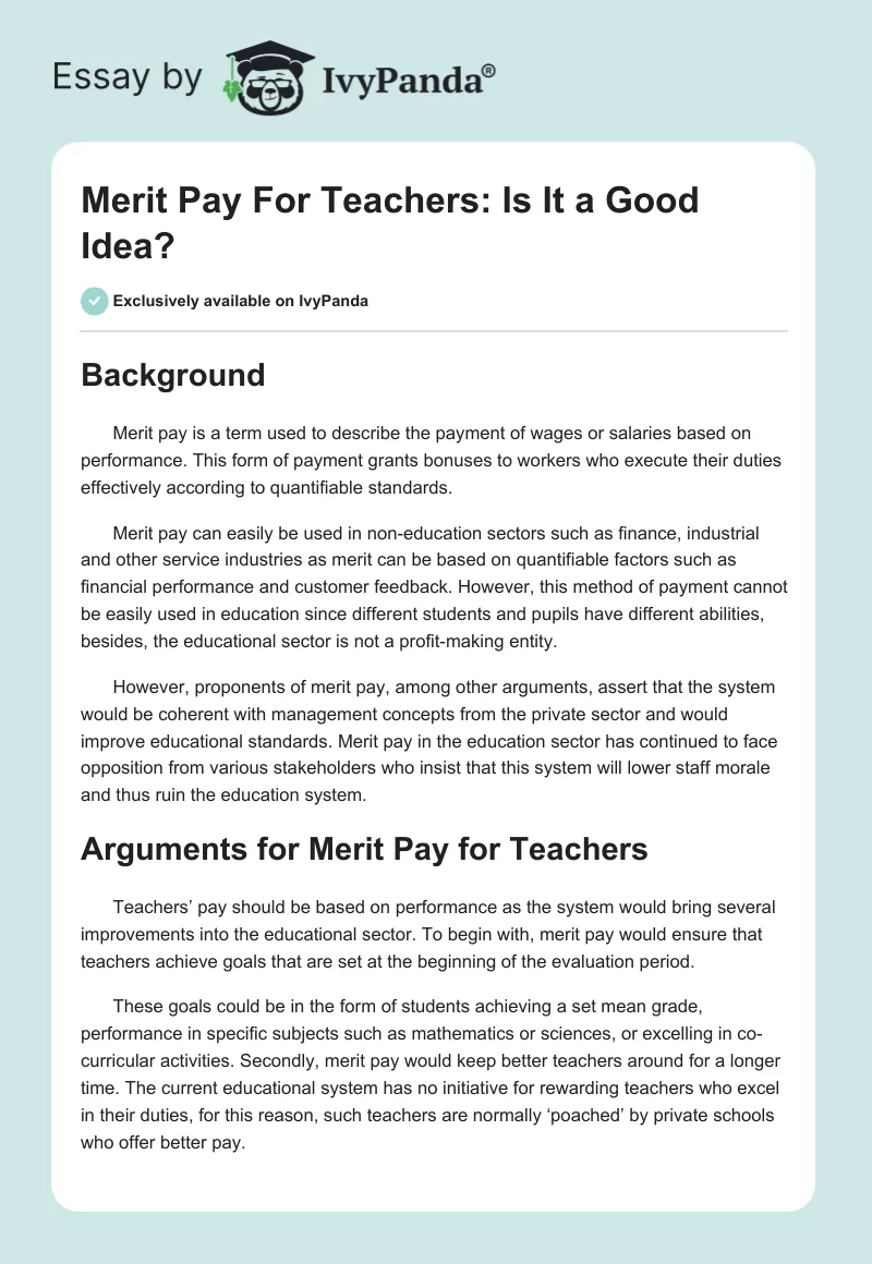 Merit Pay For Teachers: Is It a Good Idea?. Page 1