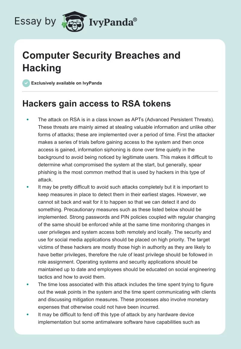 Computer Security Breaches and Hacking. Page 1