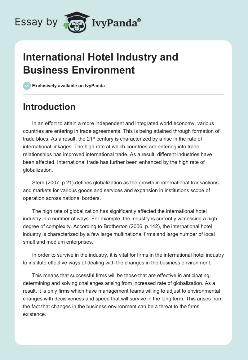 International Hotel Industry and Business Environment. Page 1