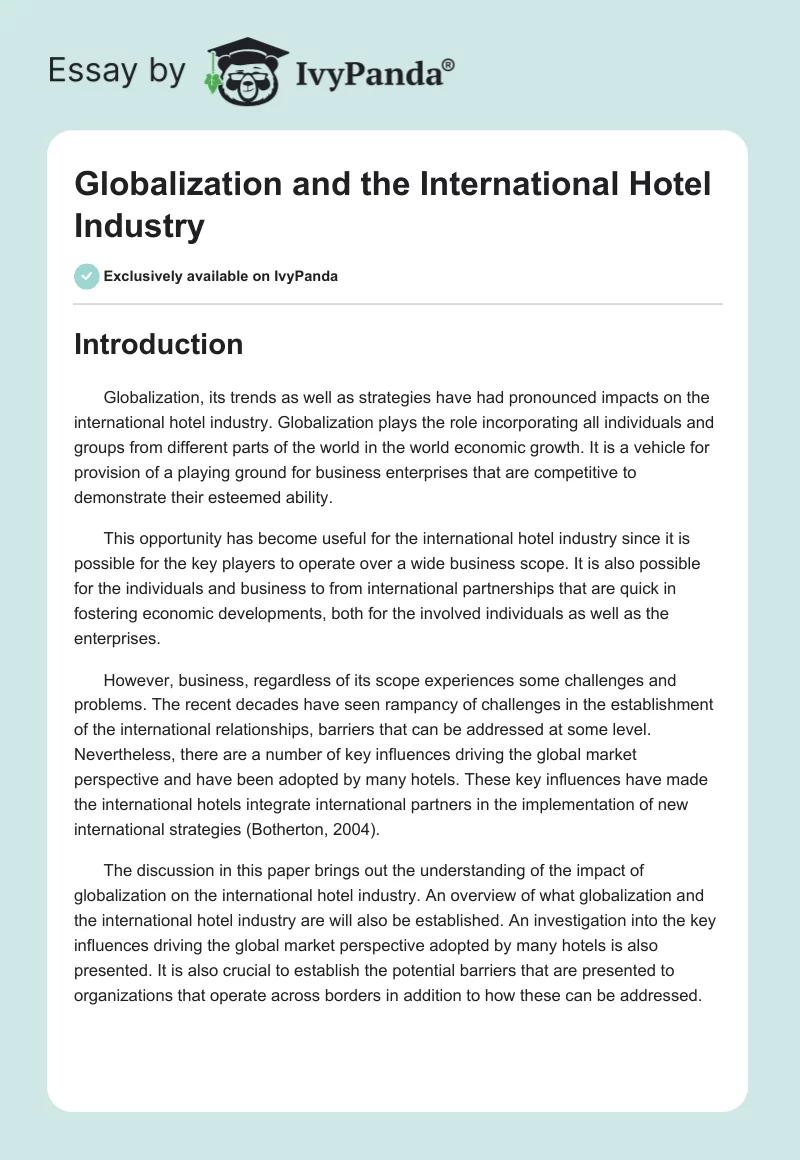 Globalization and the International Hotel Industry. Page 1