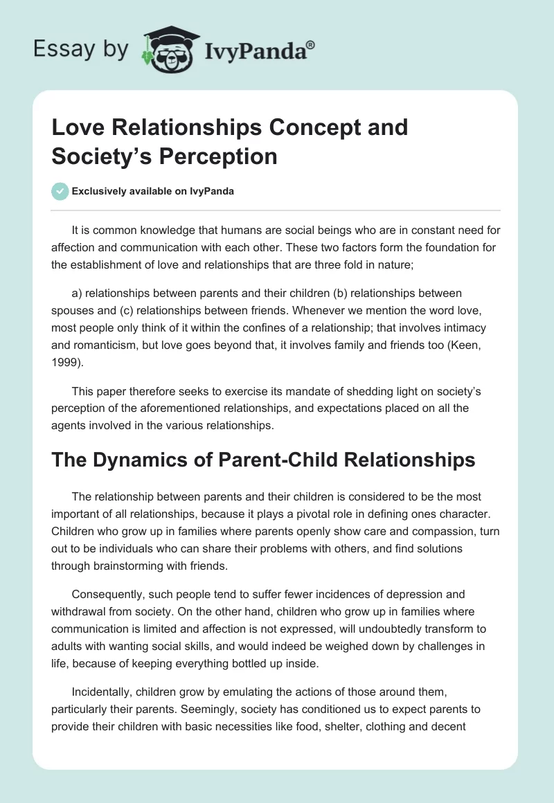Love Relationships Concept and Society’s Perception. Page 1