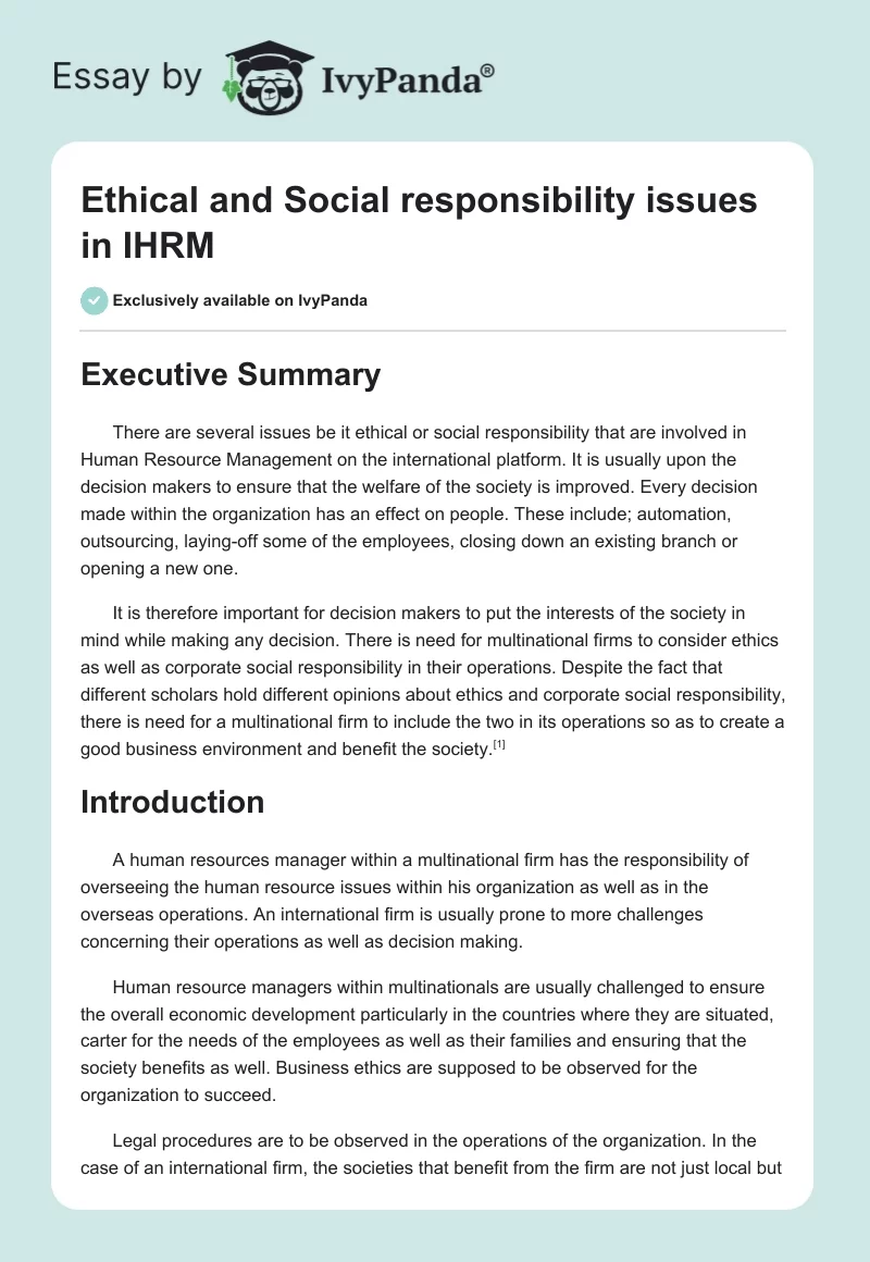 Ethical and Social responsibility issues in IHRM. Page 1