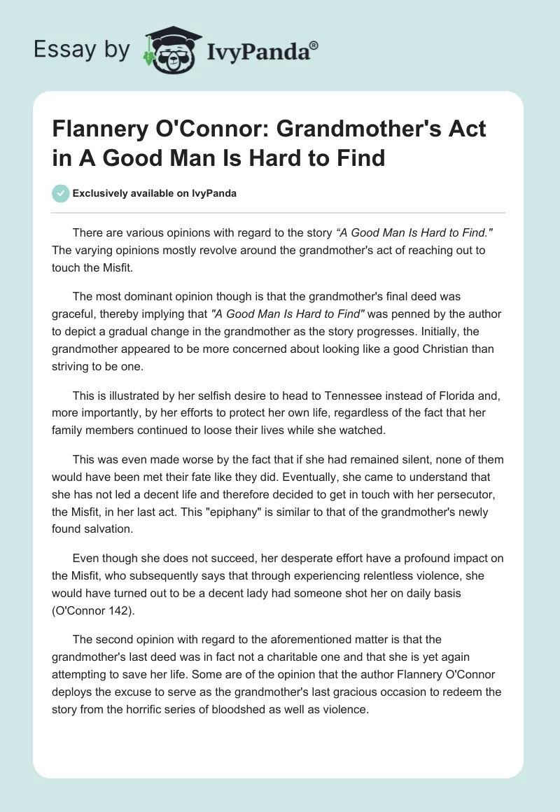 Flannery O'Connor: Grandmother's Act in "A Good Man Is Hard to Find". Page 1