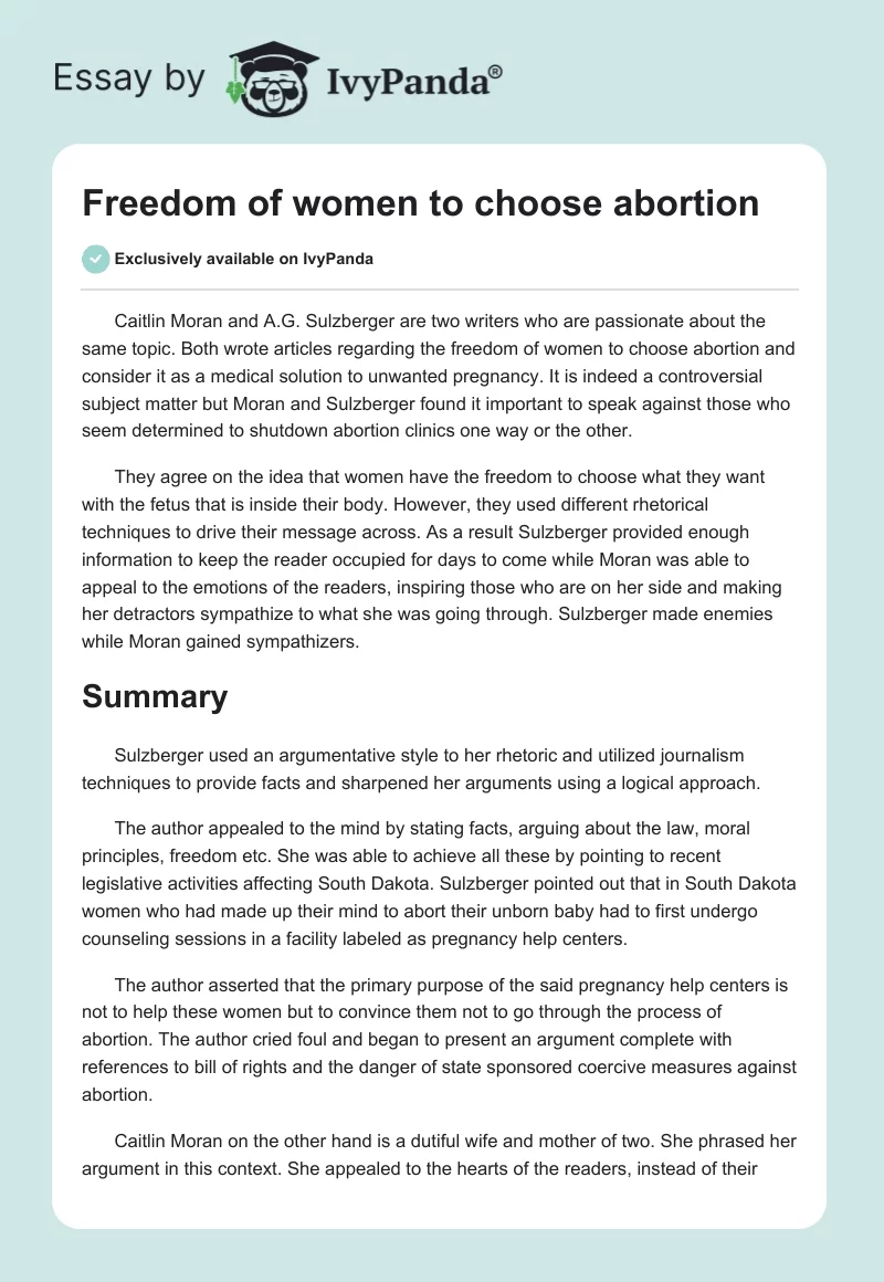 Freedom of Women to Choose Abortion. Page 1