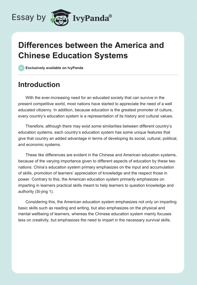 Differences between the America and Chinese Education Systems. Page 1