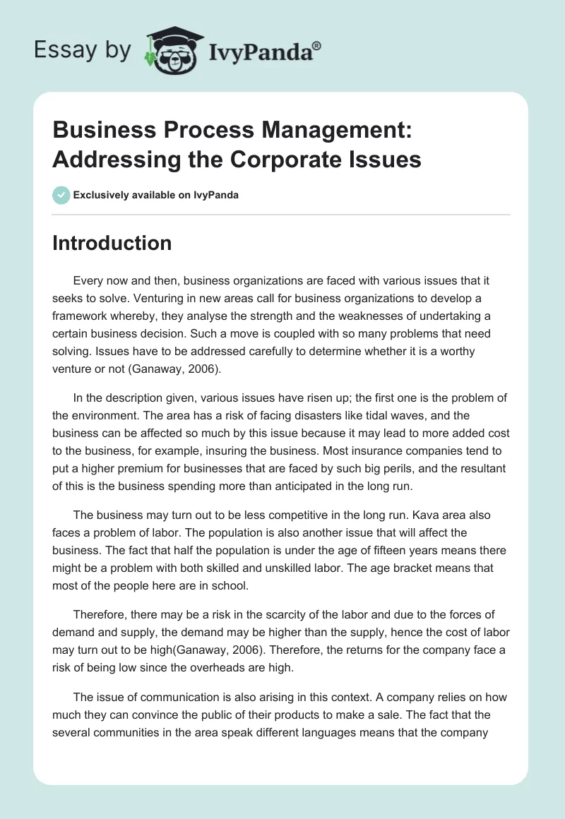 Business Process Management: Addressing the Corporate Issues. Page 1