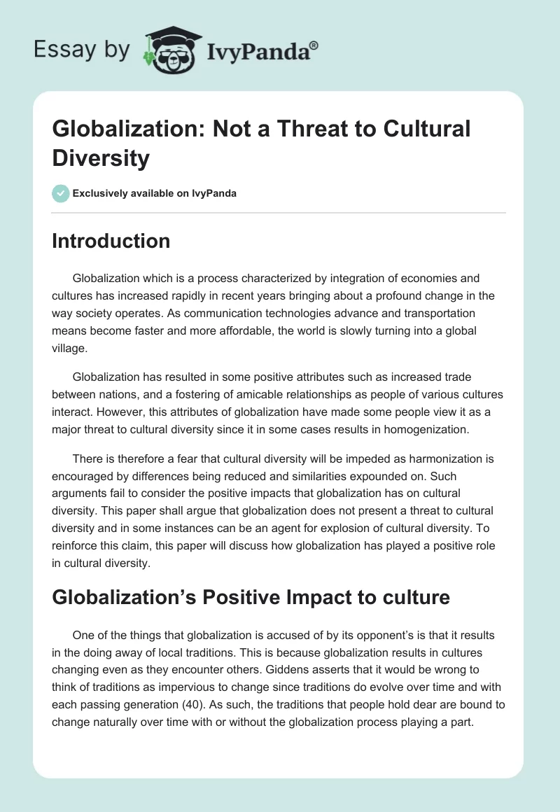Globalization: Not a Threat to Cultural Diversity. Page 1