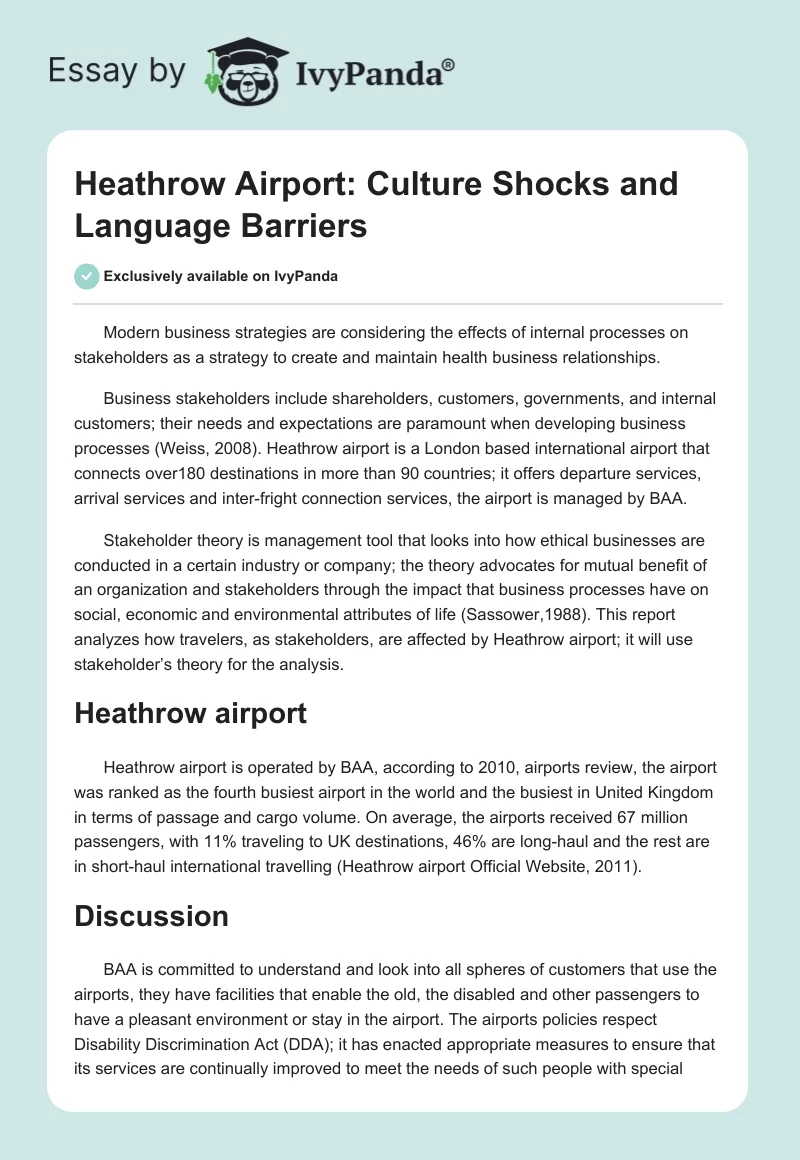 Heathrow Airport: Culture Shocks and Language Barriers. Page 1
