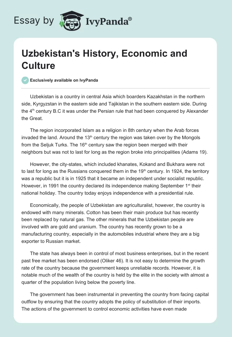 Uzbekistan's History, Economic and Culture. Page 1