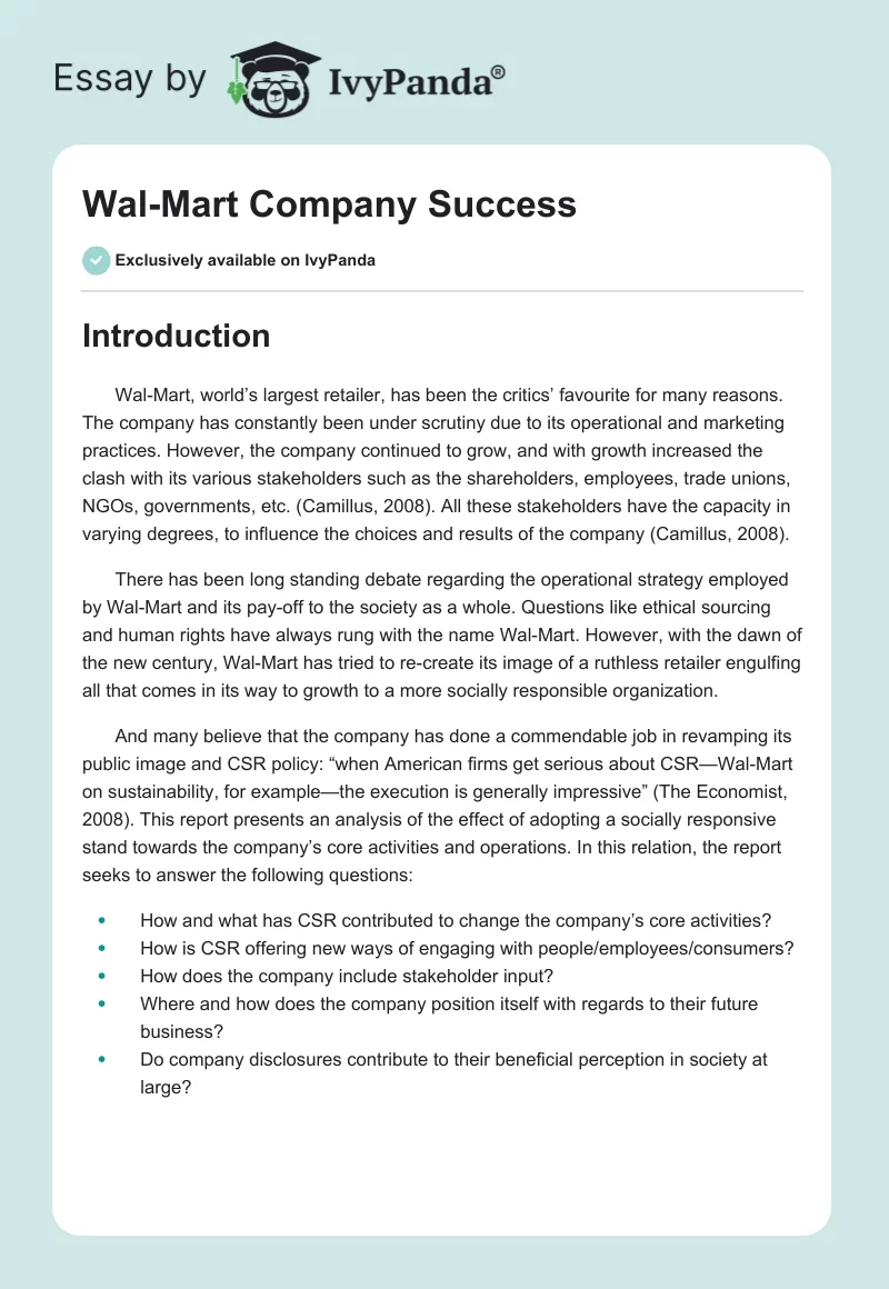 Wal-Mart Company Success. Page 1