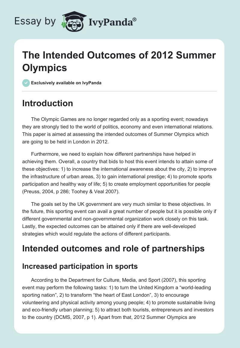 The Intended Outcomes of 2012 Summer Olympics. Page 1