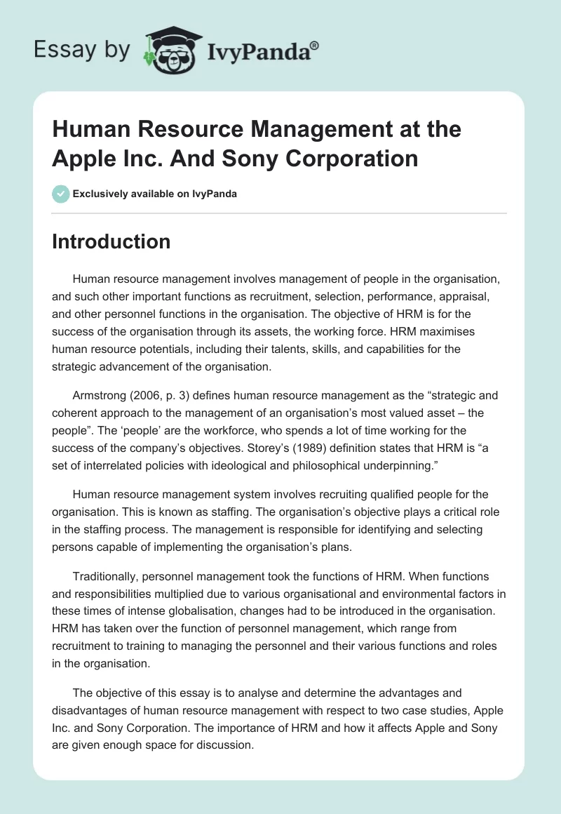 Human Resource Management at the Apple Inc. and Sony Corporation. Page 1