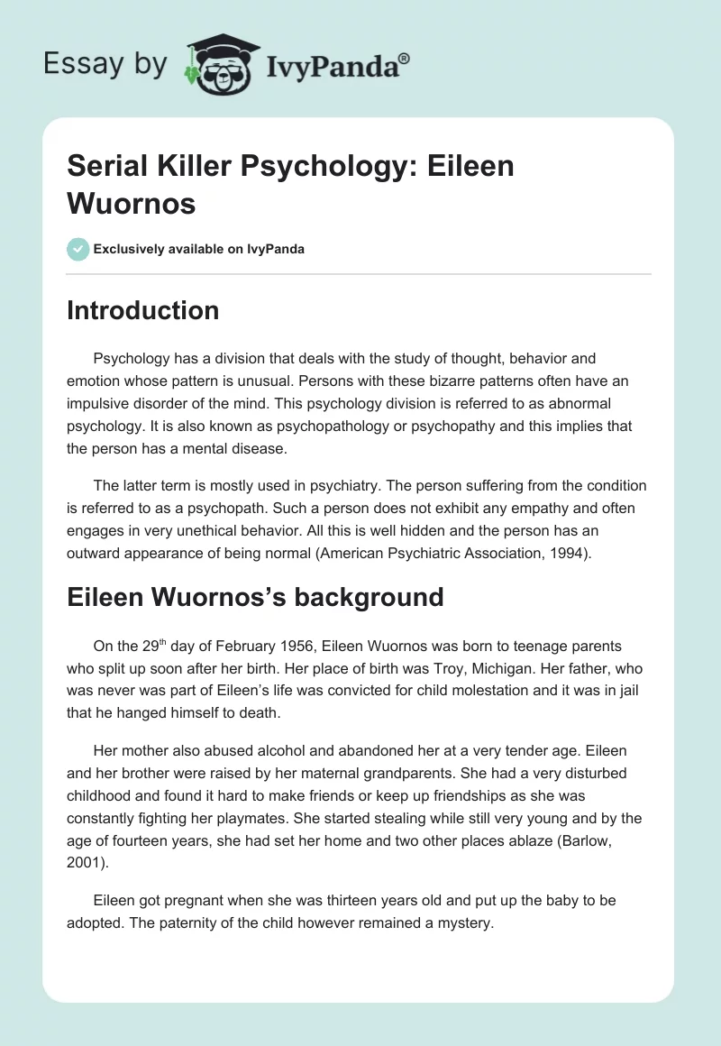 Serial Killer Psychology: Eileen Wuornos. Page 1