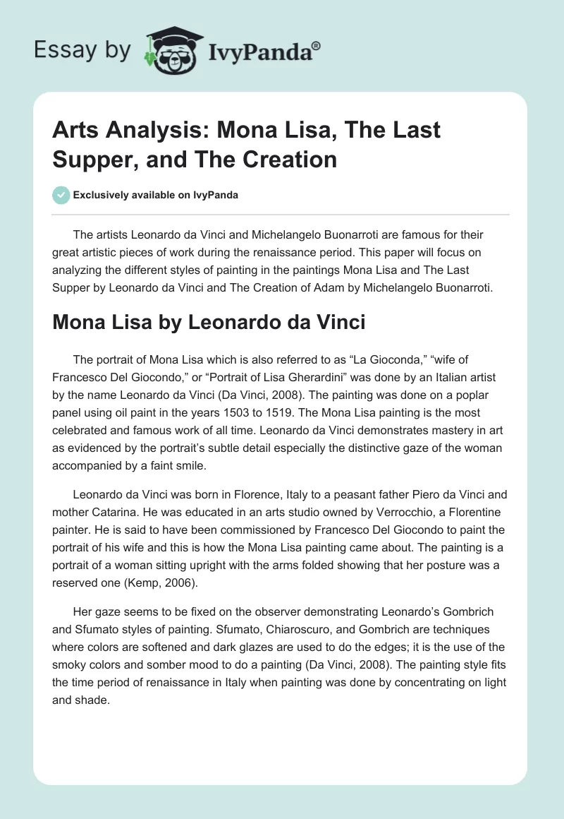 Arts Analysis: Mona Lisa, The Last Supper, and The Creation. Page 1