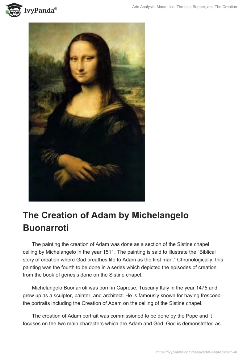 Arts Analysis: Mona Lisa, The Last Supper, and The Creation. Page 2