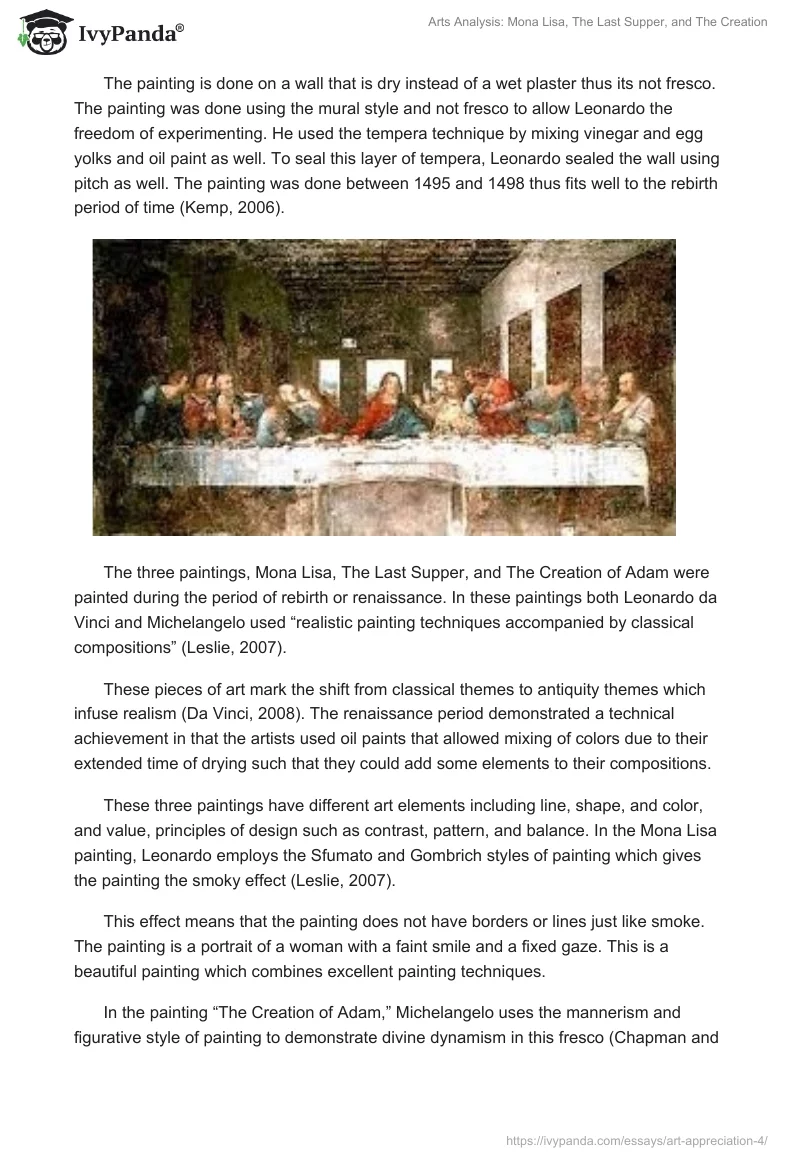 Arts Analysis: Mona Lisa, The Last Supper, and The Creation. Page 4