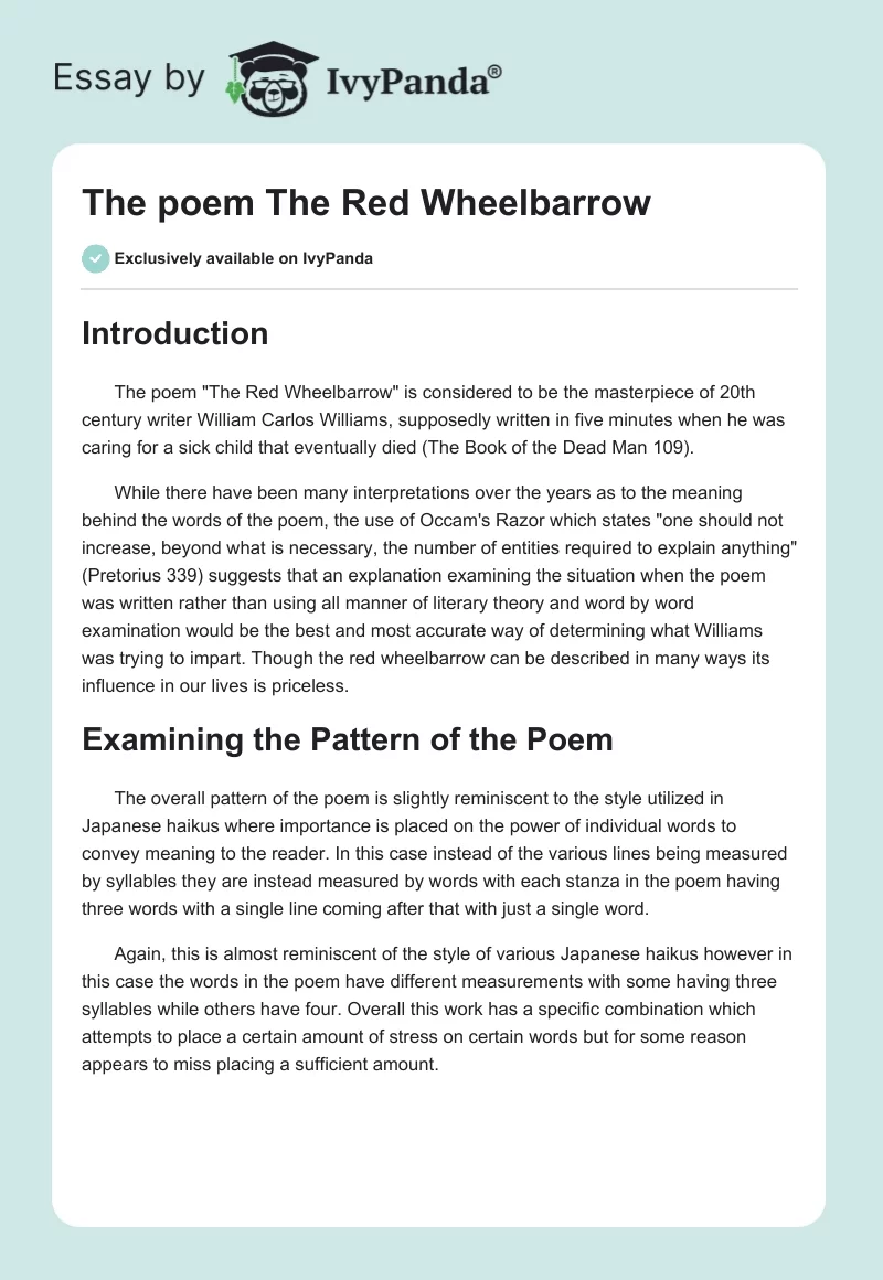 The poem "The Red Wheelbarrow". Page 1
