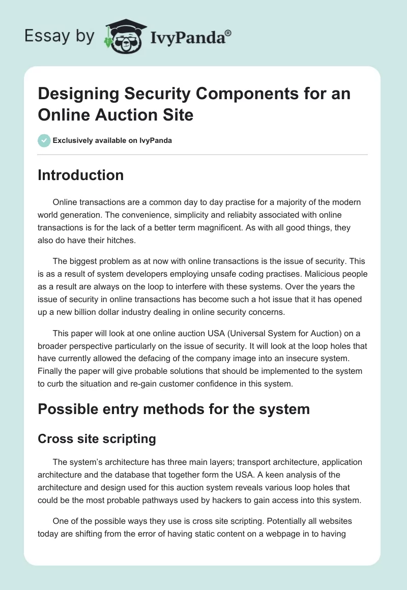 Designing Security Components for an Online Auction Site. Page 1