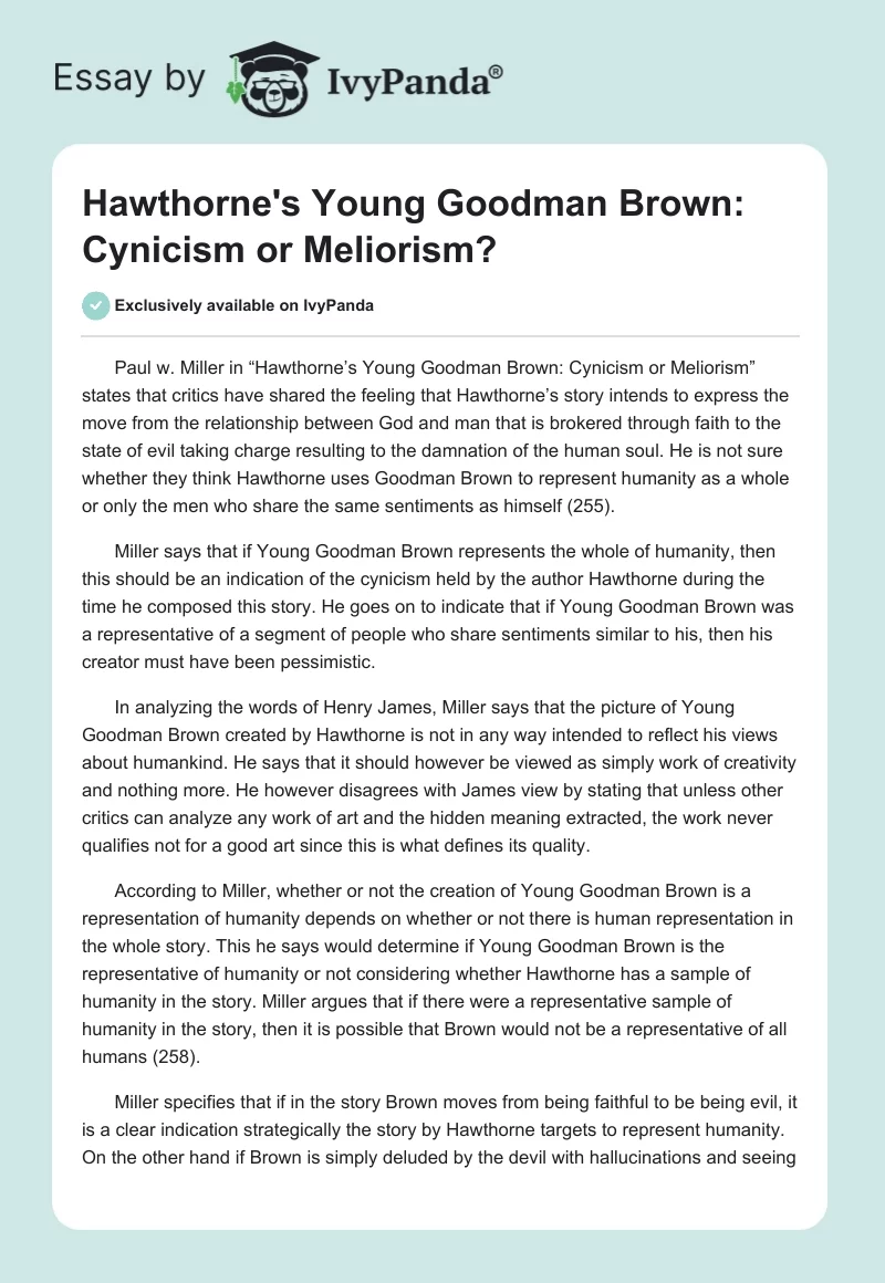Hawthorne's "Young Goodman Brown": Cynicism or Meliorism?. Page 1