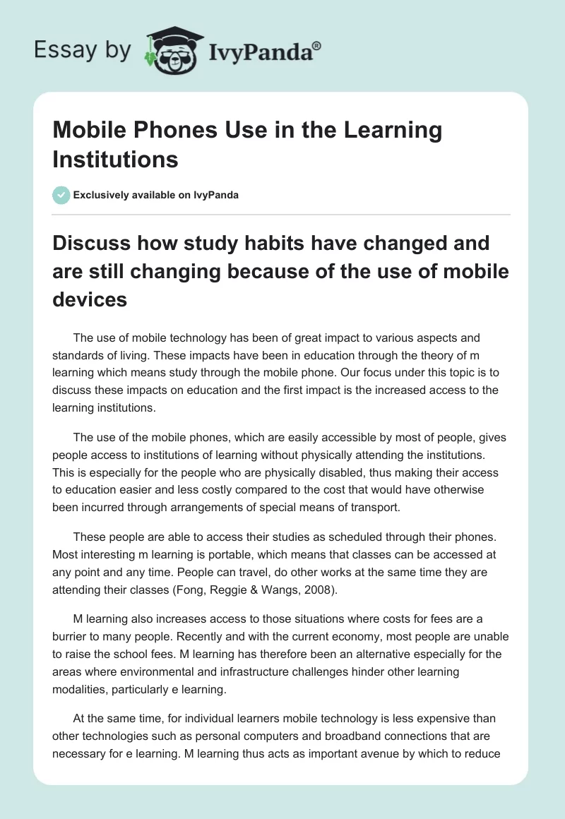 Mobile Phones Use in the Learning Institutions. Page 1