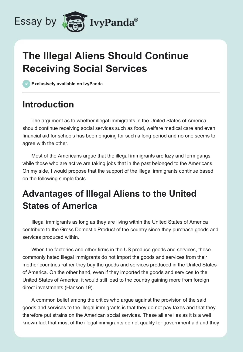The Illegal Aliens Should Continue Receiving Social Services. Page 1