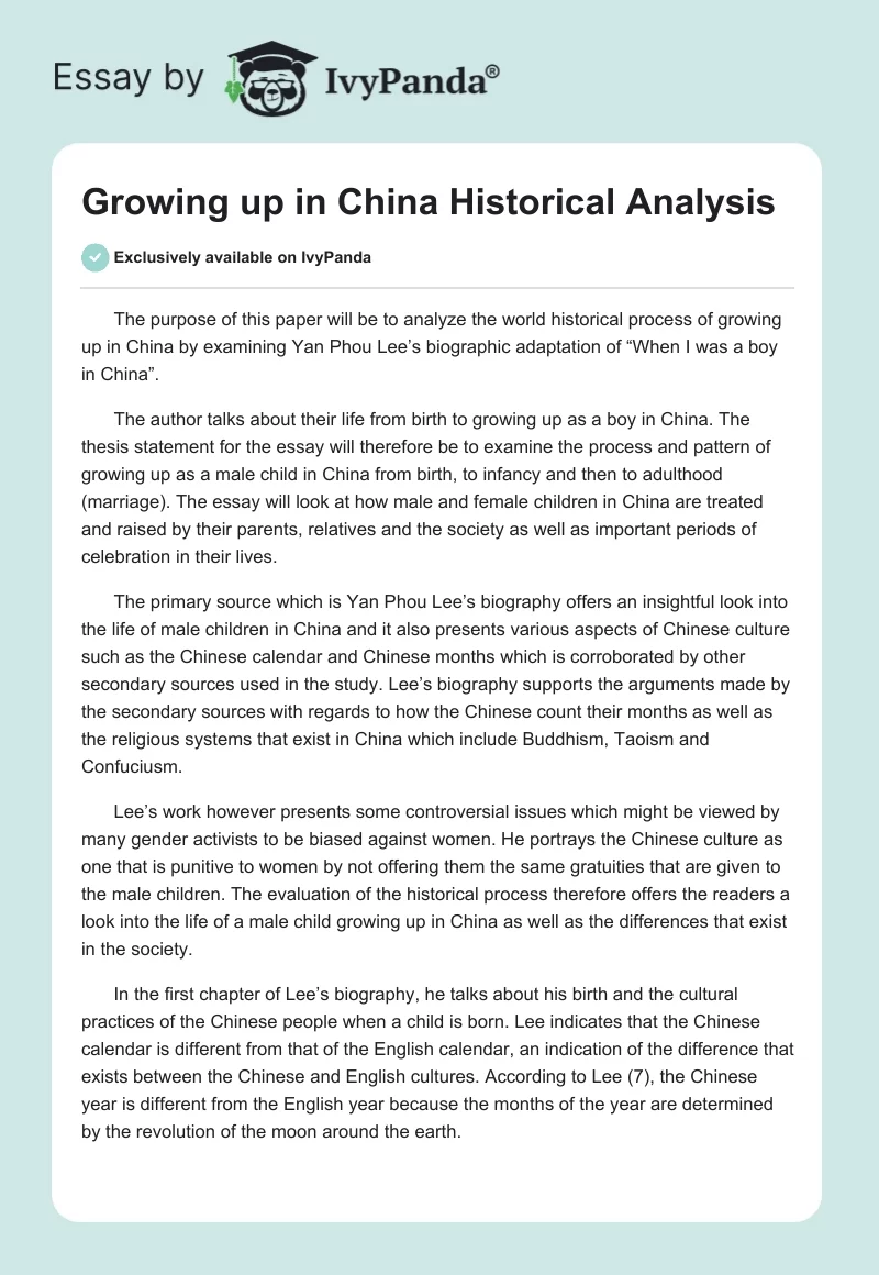 Growing up in China Historical Analysis. Page 1