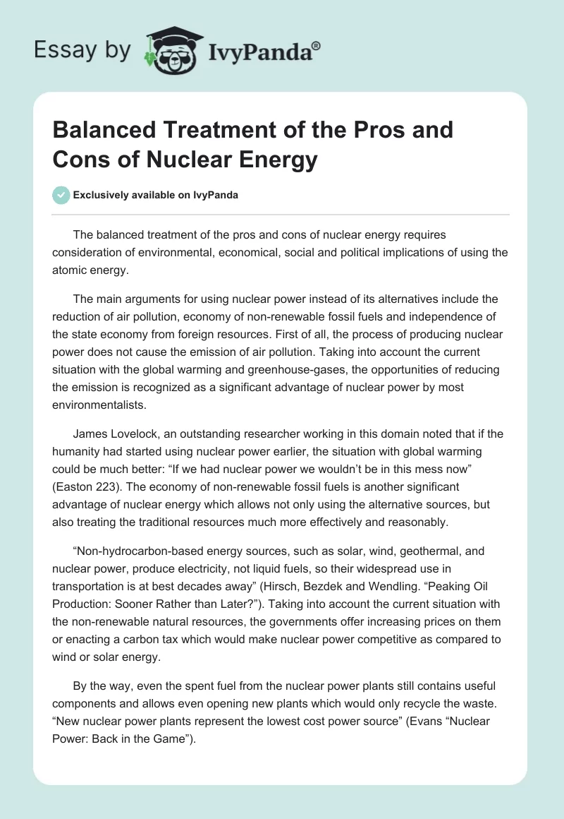 Balanced Treatment of the Pros and Cons of Nuclear Energy. Page 1