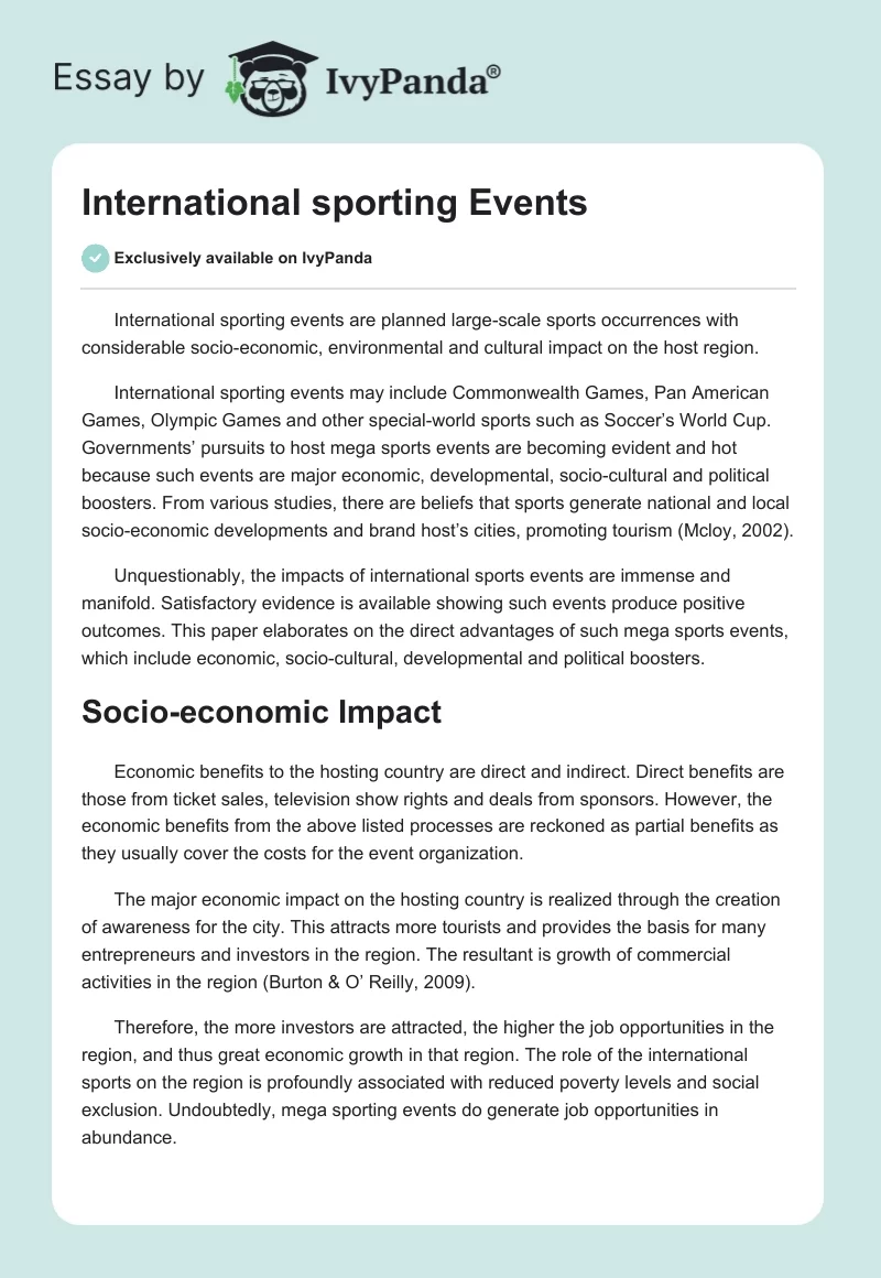 International sporting Events. Page 1