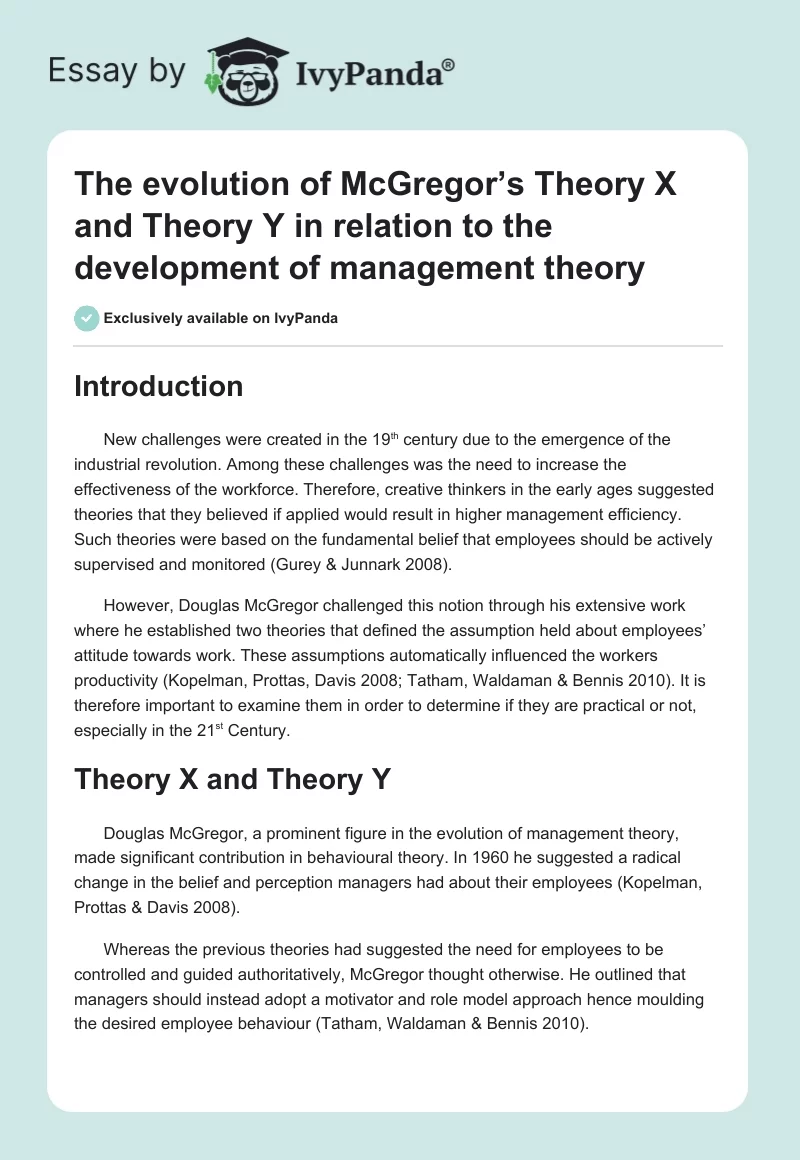 The evolution of McGregor’s Theory X and Theory Y in relation to the development of management theory. Page 1