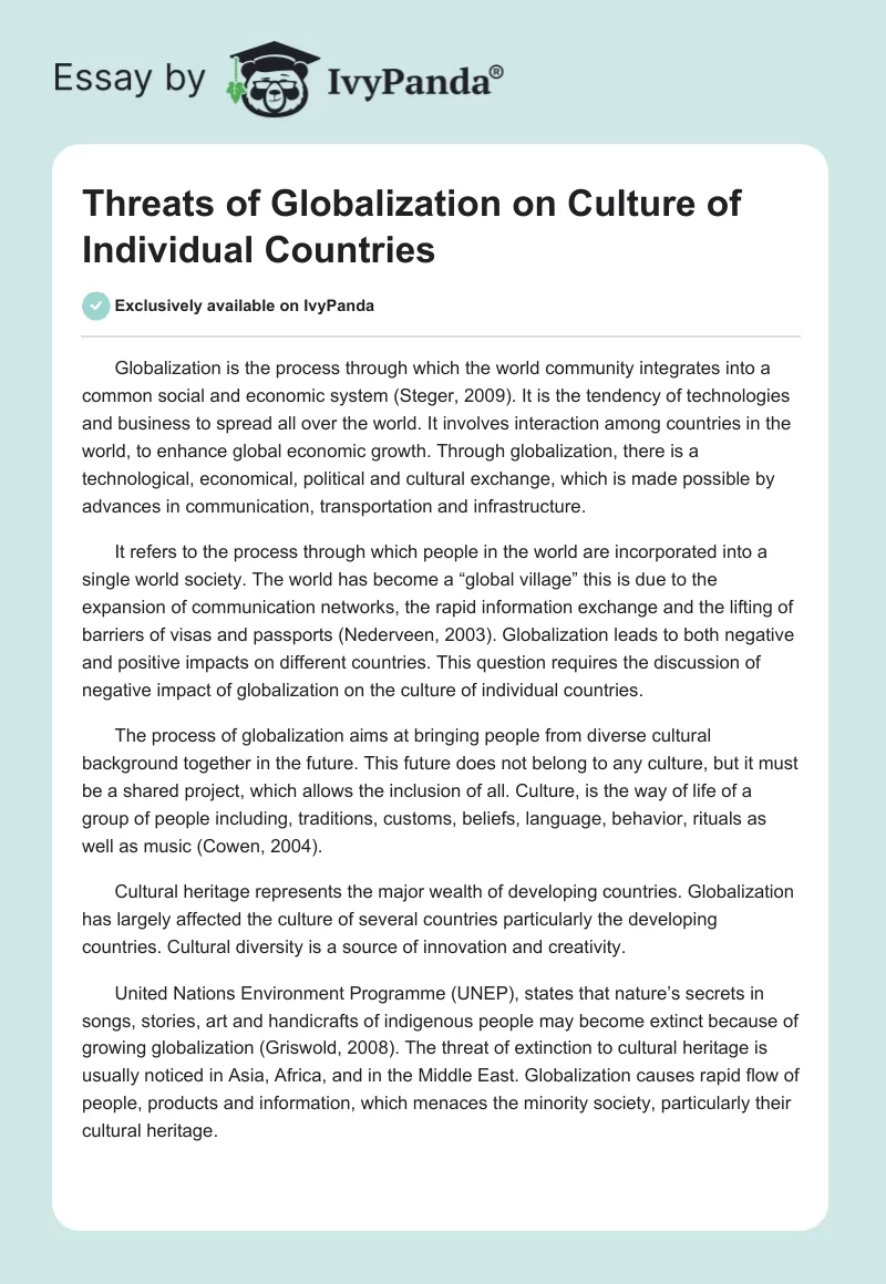 Threats of Globalization on Culture of Individual Countries. Page 1