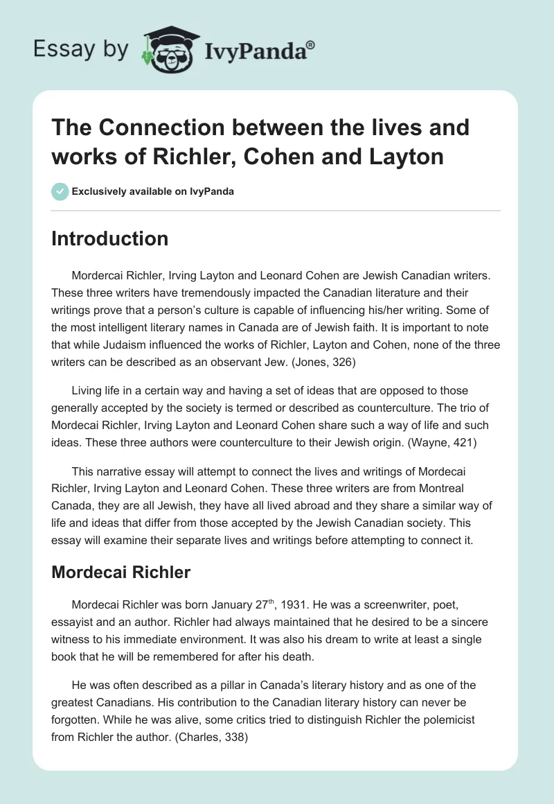 The Connection between the lives and works of Richler, Cohen and Layton. Page 1