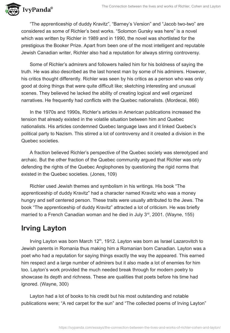 The Connection between the lives and works of Richler, Cohen and Layton. Page 2