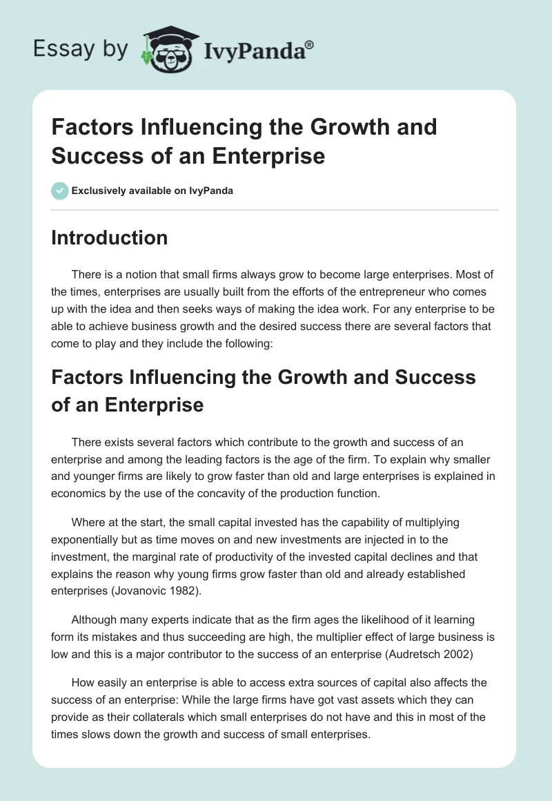 Factors Influencing the Growth and Success of an Enterprise. Page 1