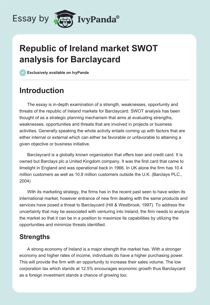 Republic of Ireland market SWOT analysis for Barclaycard. Page 1